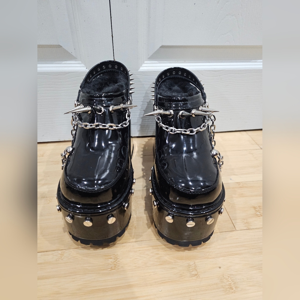 Dolls Kill Widow Black Silver Spiked Righteous Rebel Platform Mules Heels 8 9 - Picture 2 of 11